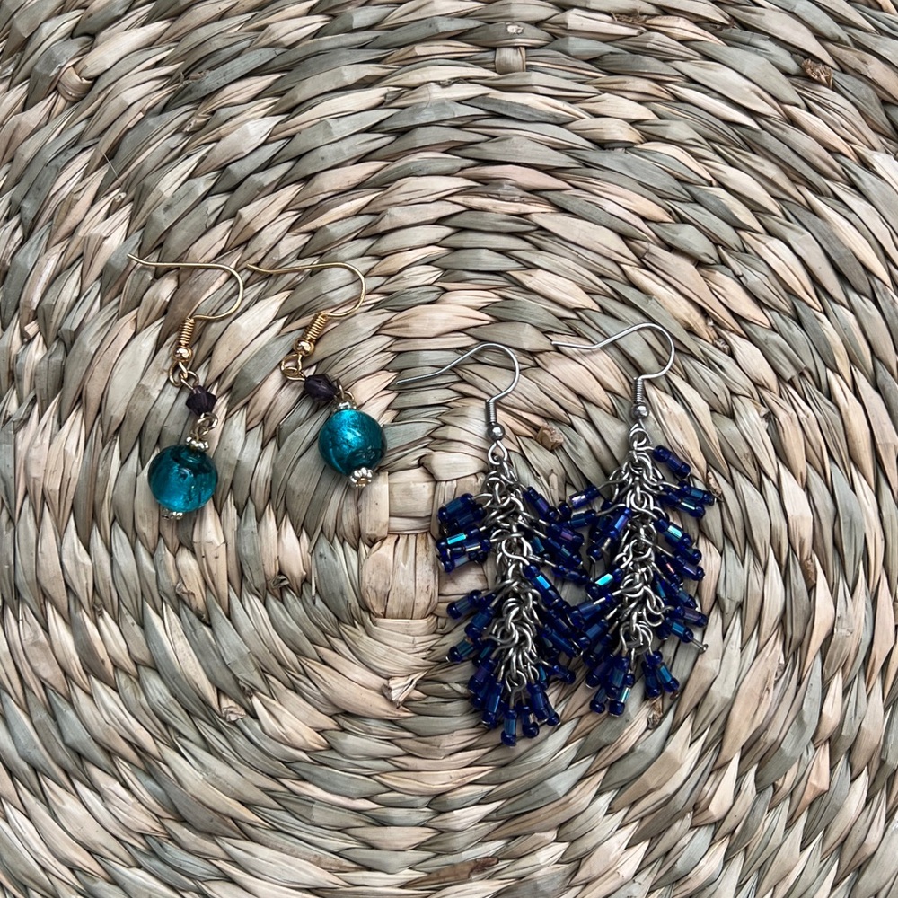 Blue Beaded Dangle Earrings